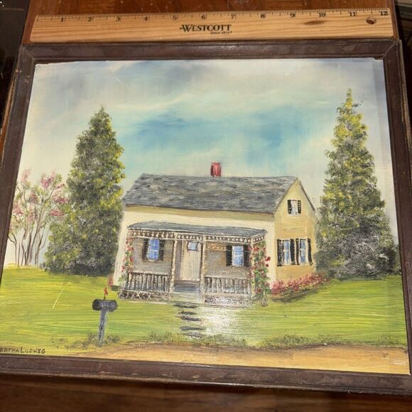 Framed Vintage Home Landscape Oil Painting Bertha Ludwig Rockville CT Artist - Picture 1 of 6
